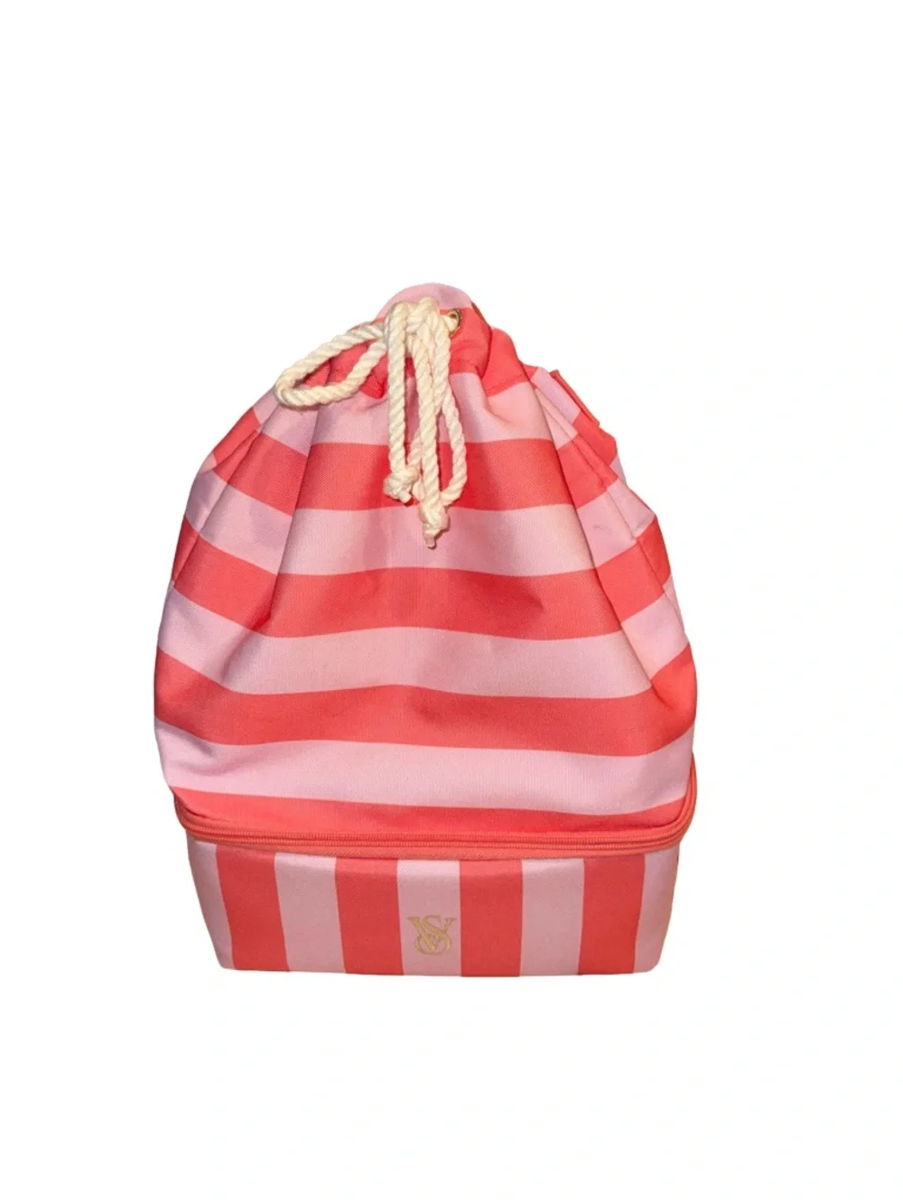 Victoria's Secret Beach Coral and Light Pink Striped Drawstring Cooler/Backpack - Picture 3 of 5